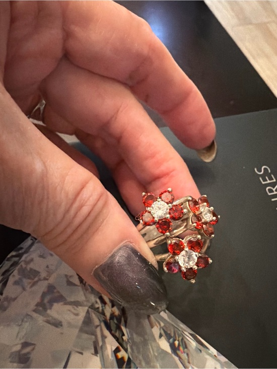 Jewelry - Sparkling Red Garnet and Moissanite floral cluster ring in 18kt white gold .